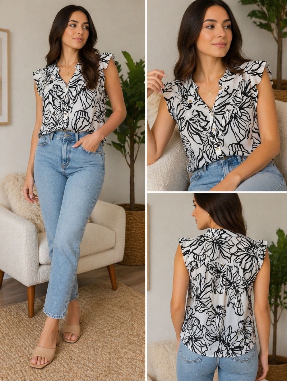 BOGO 30% OFF! Nine West White & Black Floral Ruffle Sleeveless Blouse